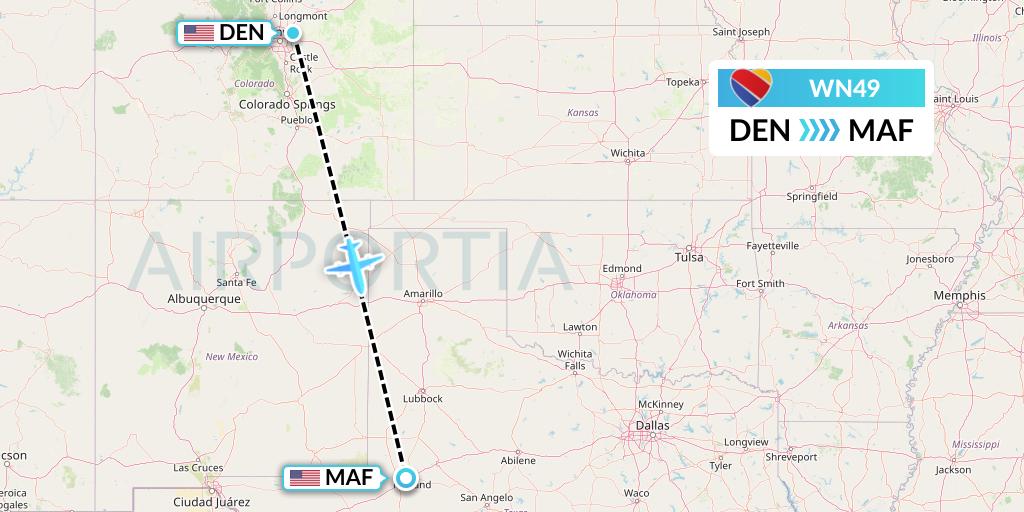 WN49 Southwest Airlines Flight Map: Denver to Midland