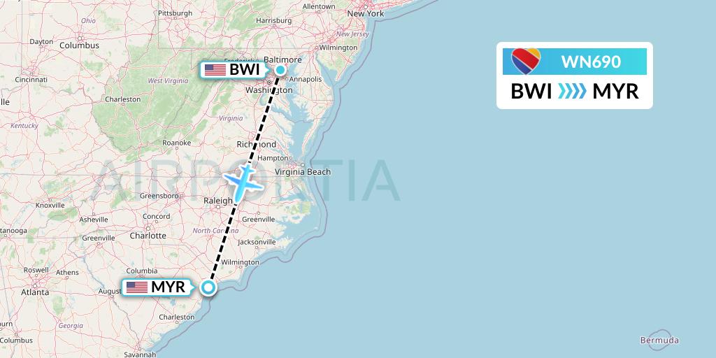 WN690 Southwest Airlines Flight Map: Baltimore to Myrtle Beach