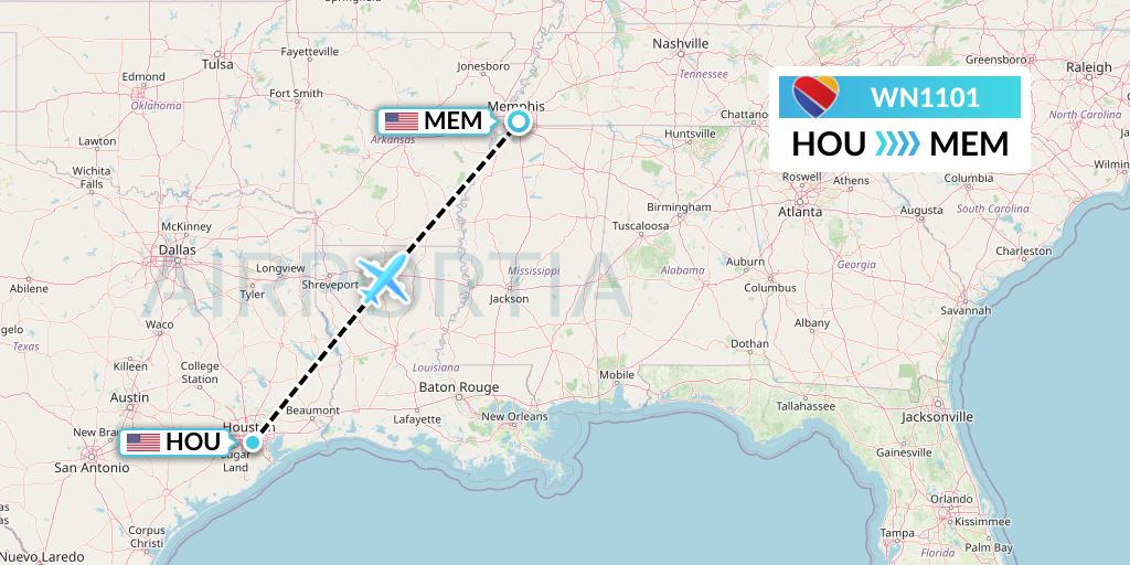 WN1101 Southwest Airlines Flight Map: Houston to Memphis