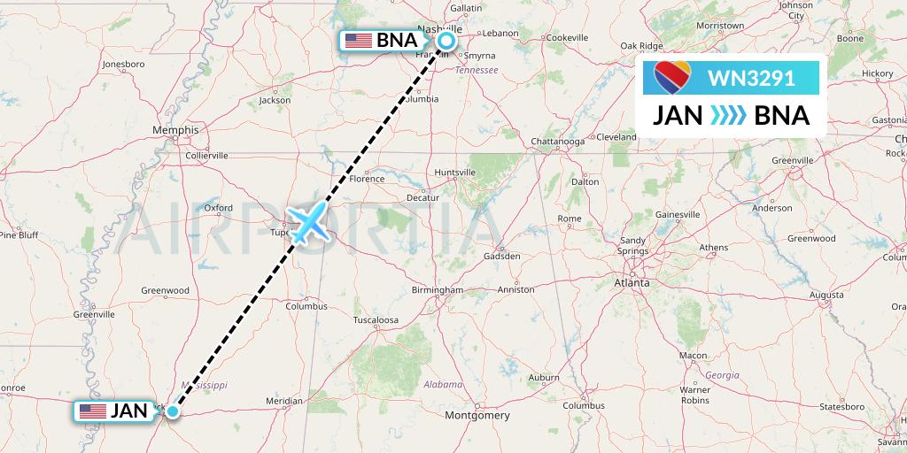WN3291 Southwest Airlines Flight Map: Jackson to Nashville