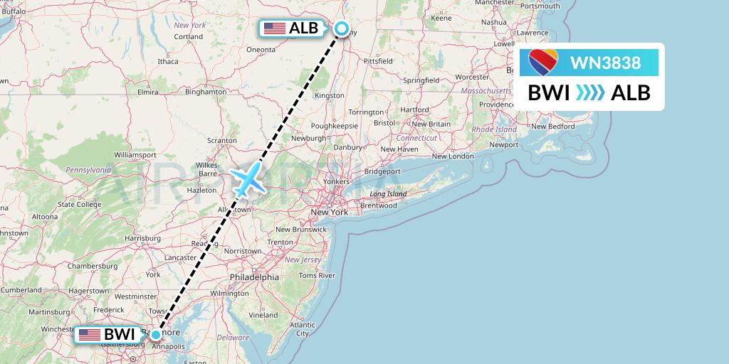 WN3838 Southwest Airlines Flight Map: Baltimore to Albany