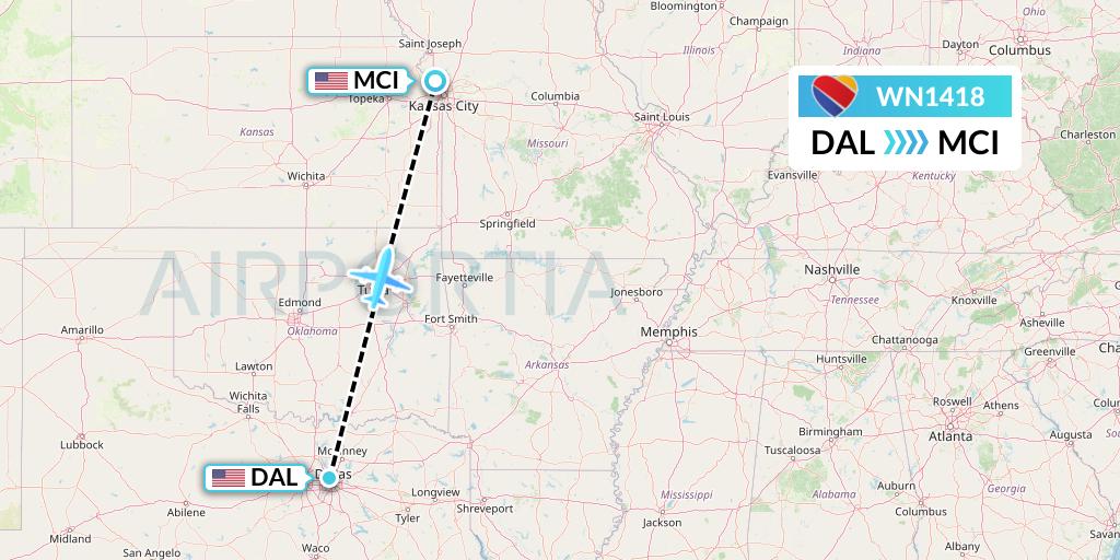 WN1418 Southwest Airlines Flight Map: Dallas to Kansas City