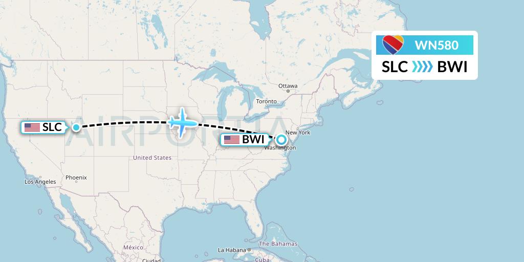 WN580 Southwest Airlines Flight Map: Salt Lake City to Baltimore