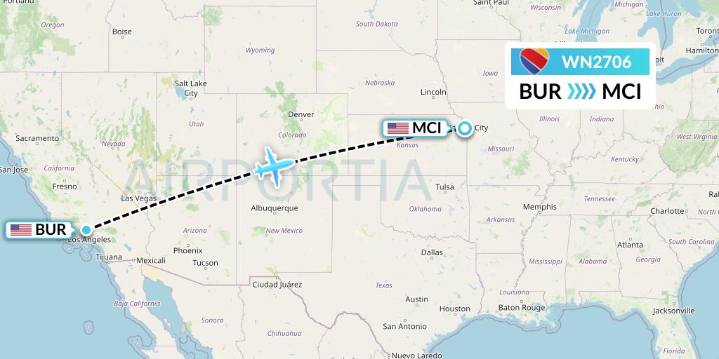 WN2706 Southwest Airlines Flight Map: Burbank to Kansas City