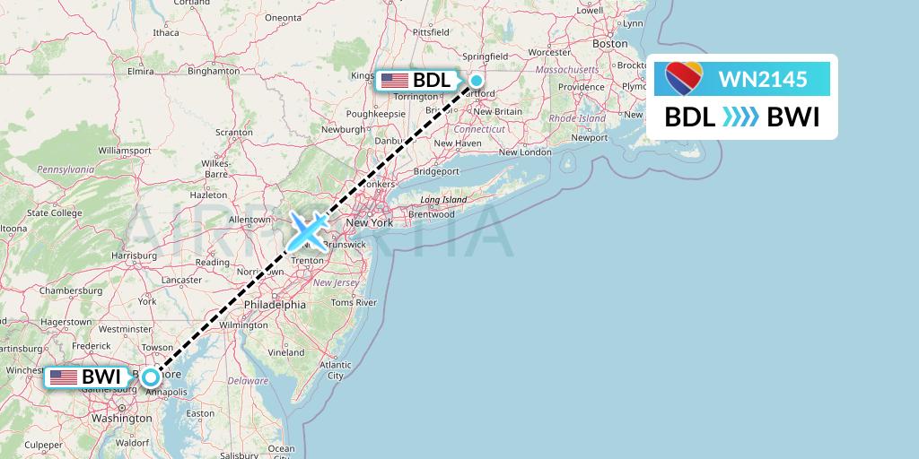 WN2145 Southwest Airlines Flight Map: Windsor Locks to Baltimore