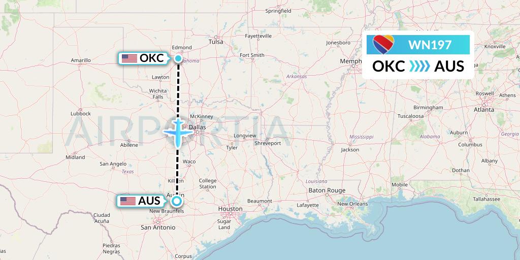 WN197 Southwest Airlines Flight Map: Oklahoma City to Austin