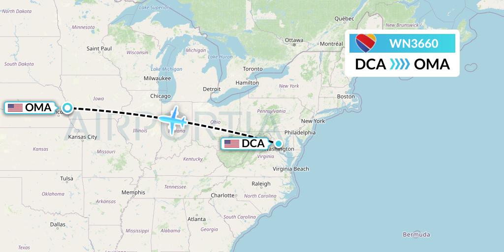 WN3660 Southwest Airlines Flight Map: Washington to Omaha