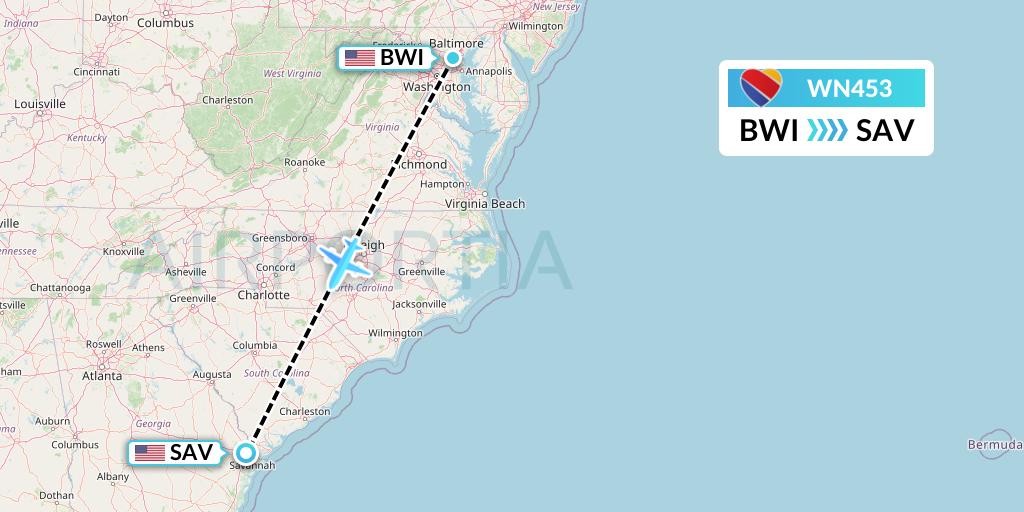 WN453 Southwest Airlines Flight Map: Baltimore to Savannah