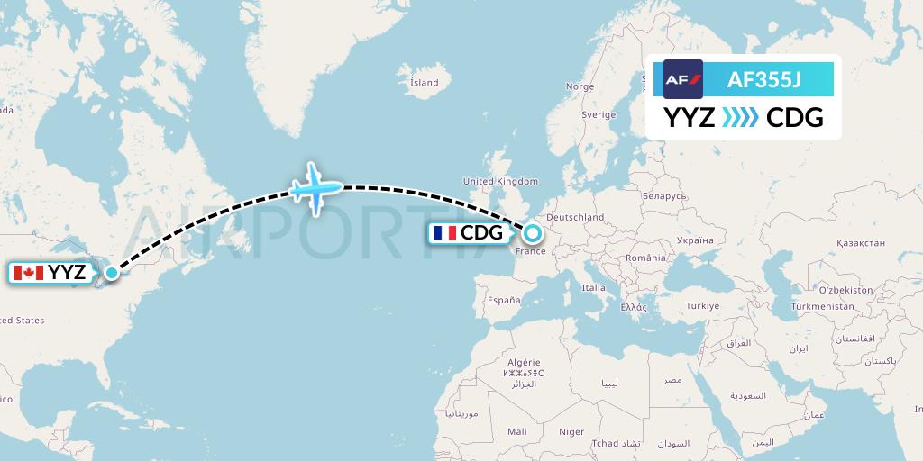 AF355J Air France Flight Map: Toronto to Paris