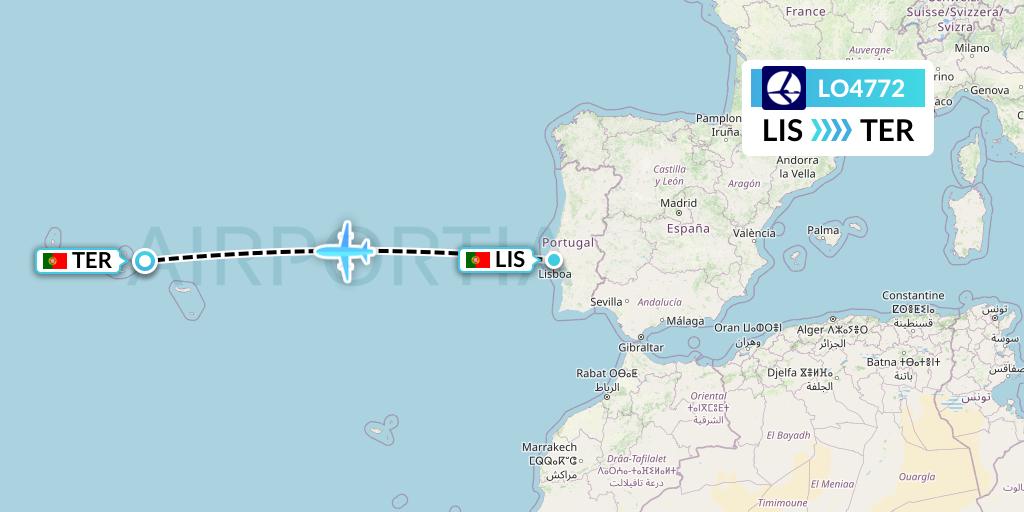 LO4772 LOT Flight Map: Lisbon to Lajes