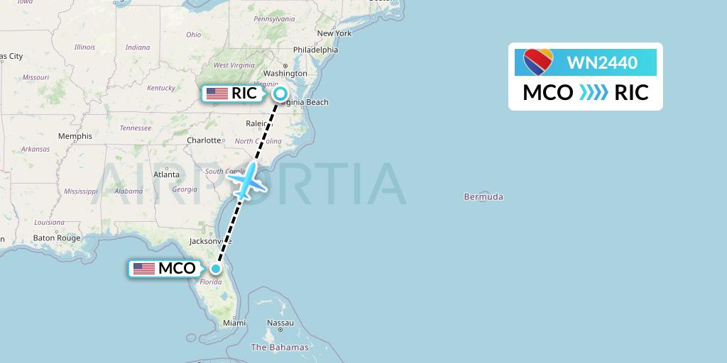 WN2440 Southwest Airlines Flight Map: Orlando to Richmond
