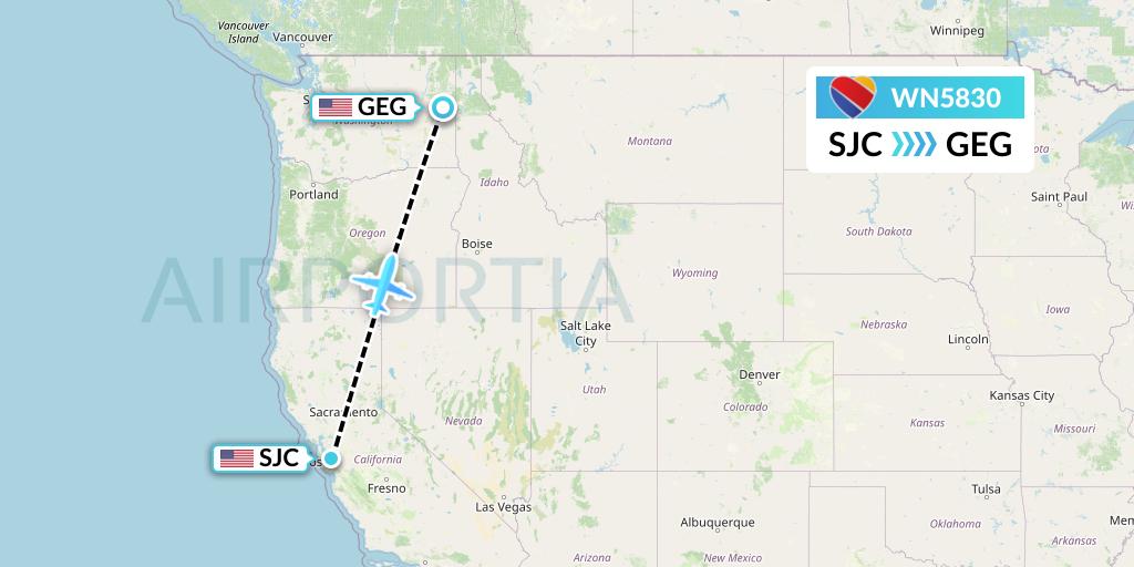 WN5830 Southwest Airlines Flight Map: San Jose to Spokane