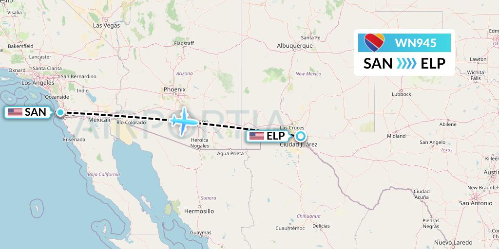 WN945 Southwest Airlines Flight Map: San Diego to El Paso
