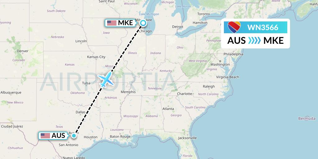 WN3566 Southwest Airlines Flight Map: Austin to Milwaukee