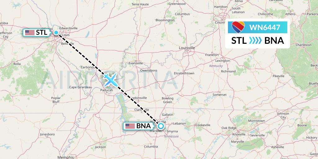 WN6447 Southwest Airlines Flight Map: St. Louis to Nashville