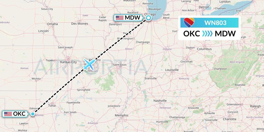 WN803 Southwest Airlines Flight Map: Oklahoma City to Chicago
