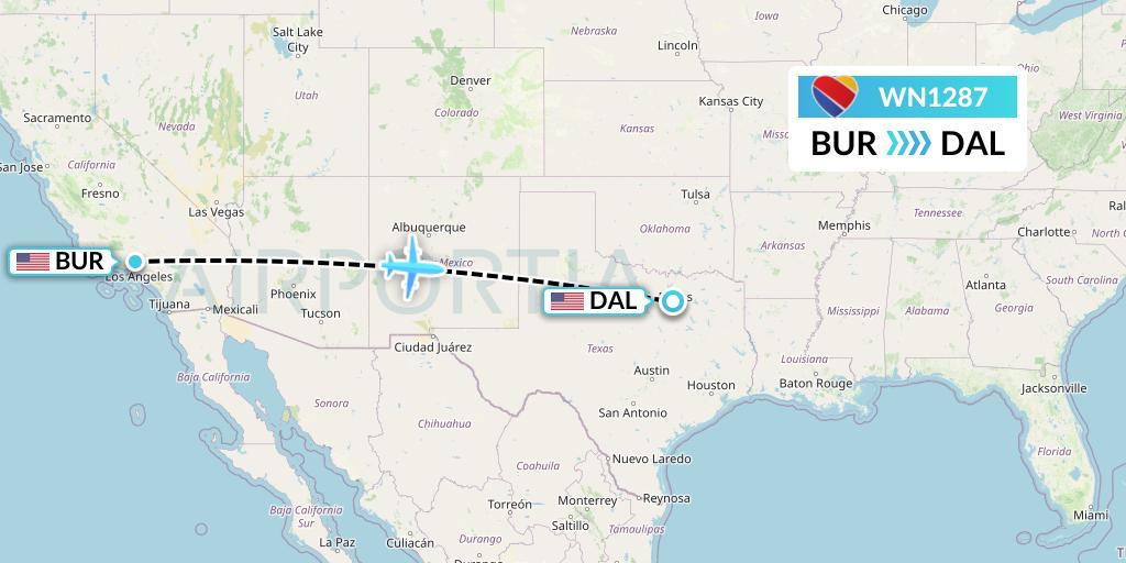 WN1287 Southwest Airlines Flight Map: Burbank to Dallas