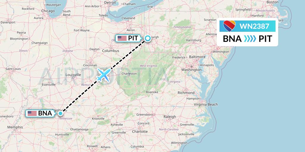 WN2387 Southwest Airlines Flight Map: Nashville to Pittsburgh