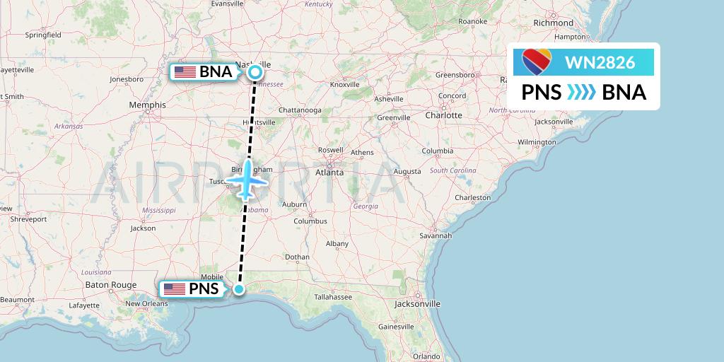 WN2826 Southwest Airlines Flight Map: Pensacola to Nashville