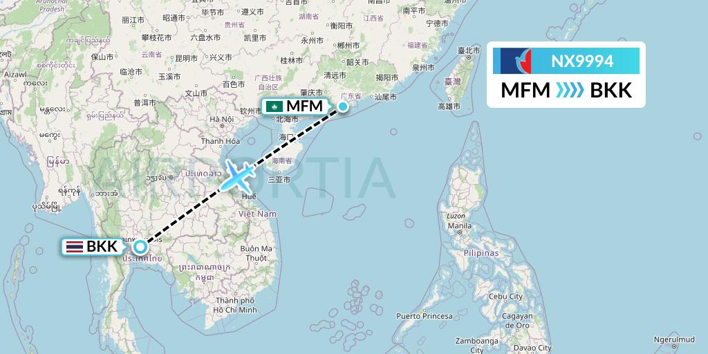 NX9994 Air Macau Flight Map: Macau to Bangkok