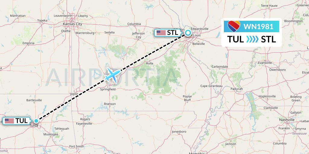 WN1981 Southwest Airlines Flight Map: Tulsa to St. Louis