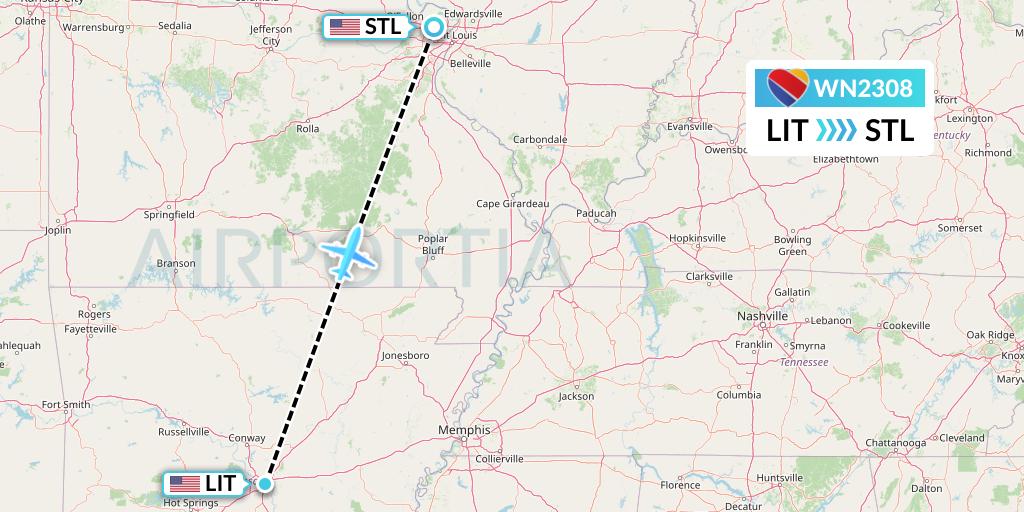 WN2308 Southwest Airlines Flight Map: Little Rock to St. Louis