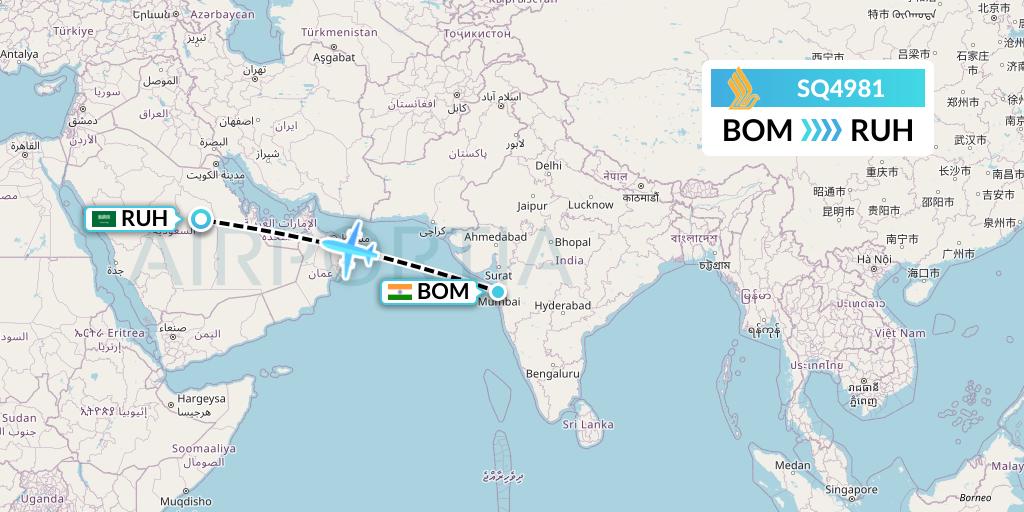 SQ4981 Singapore Airlines Flight Map: Mumbai to Riyadh