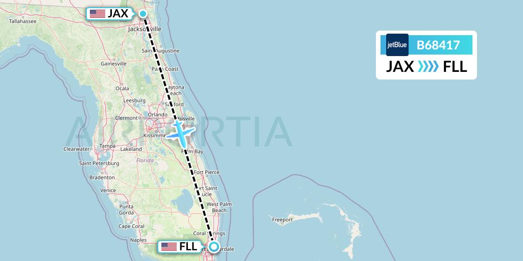 B68417 JetBlue Airways Flight Map: Jacksonville to Fort Lauderdale