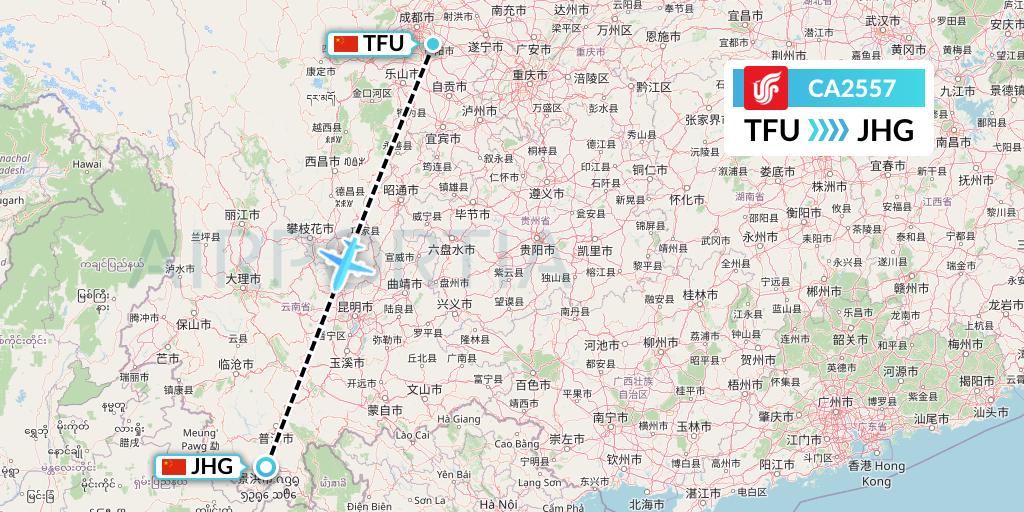 CA2557 Air China Flight Map: Chengdu to Jinghong