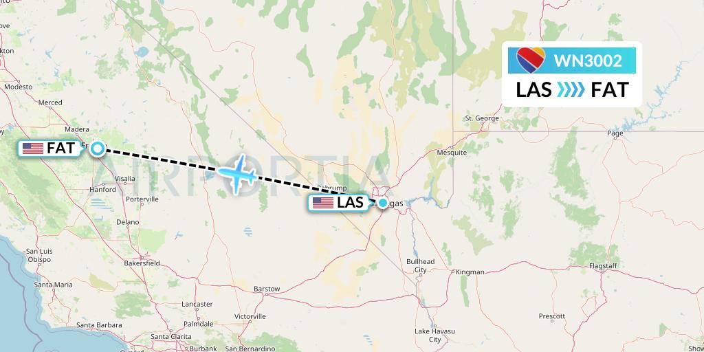 WN3002 Southwest Airlines Flight Map: Las Vegas to Fresno