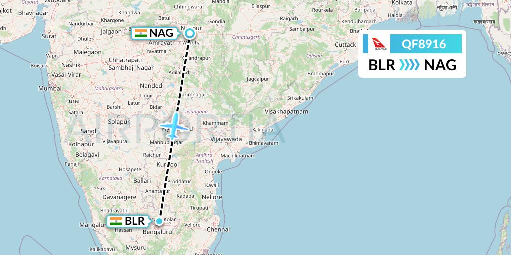 QF8916 Qantas Flight Map: Bangalore to Nagpur