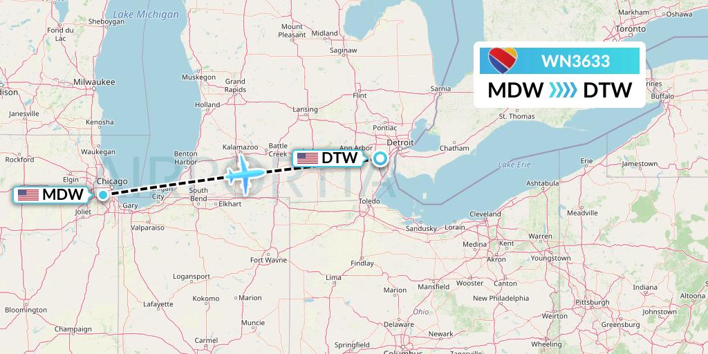 WN3633 Southwest Airlines Flight Map: Chicago to Detroit