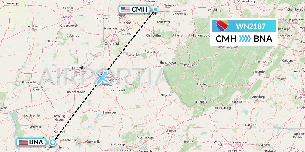 WN2187 Southwest Airlines Flight Map: Columbus to Nashville