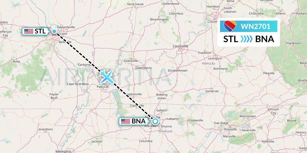 WN2701 Southwest Airlines Flight Map: St. Louis to Nashville