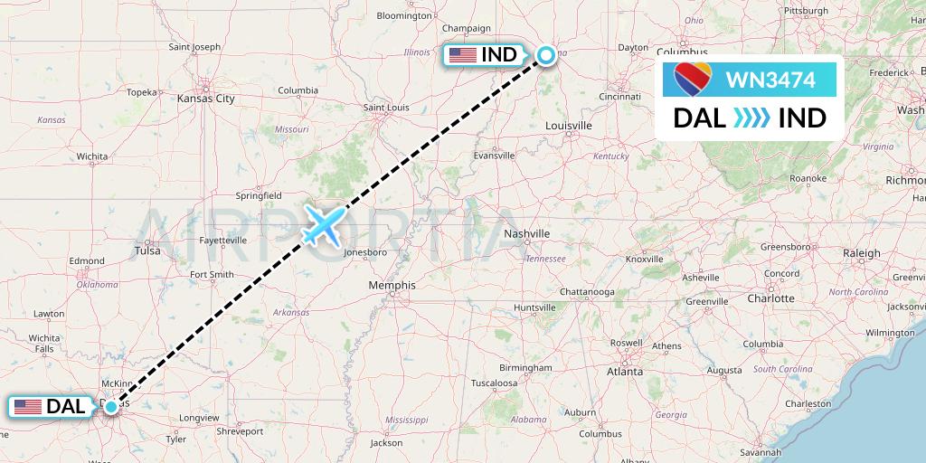 WN3474 Southwest Airlines Flight Map: Dallas to Indianapolis