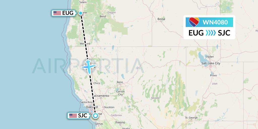 WN4080 Southwest Airlines Flight Map: Eugene to San Jose