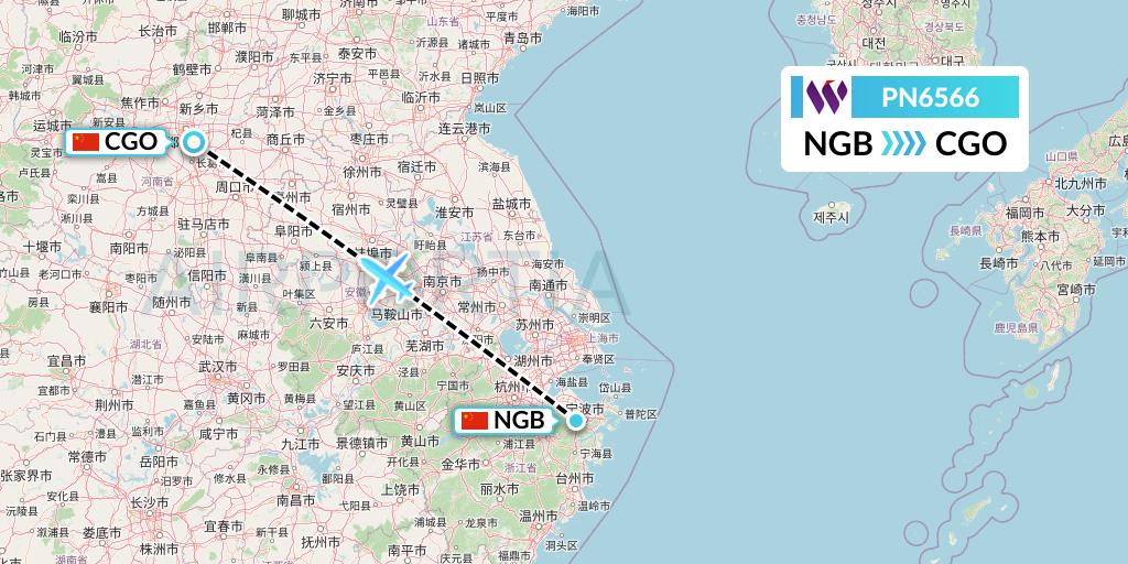 PN6566 China West Air Flight Map: Ningbo to Zhengzhou