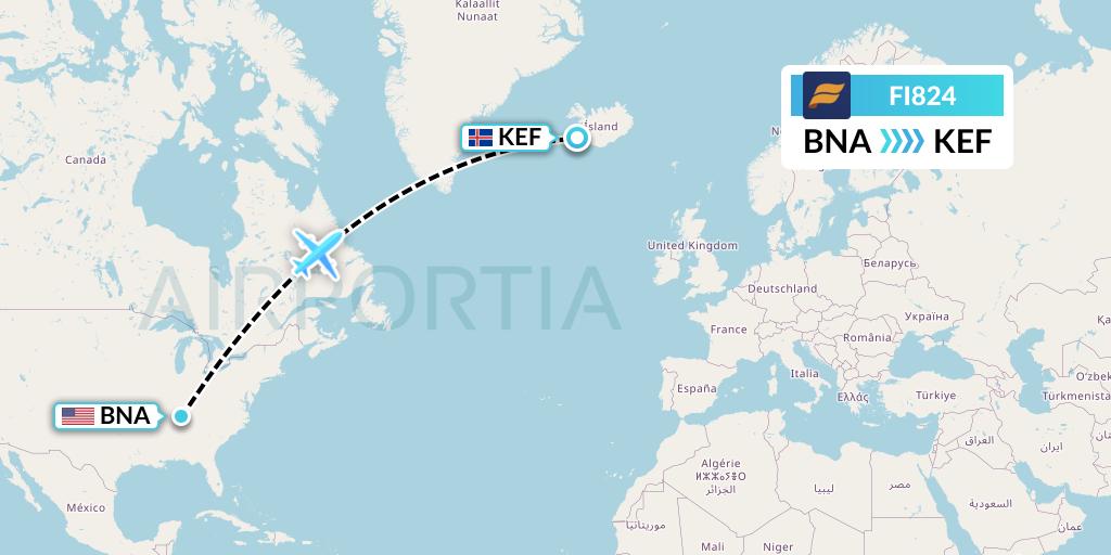 FI824 Icelandair Flight Map: Nashville to Reykjavik