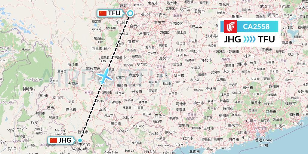 CA2558 Air China Flight Map: Jinghong to Chengdu