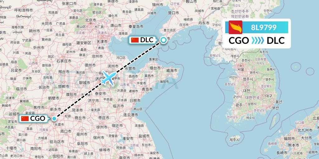 8L9799 Lucky Air Flight Map: Zhengzhou to Dalian
