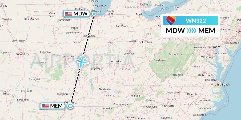 WN322 Southwest Airlines Flight Map: Chicago to Memphis