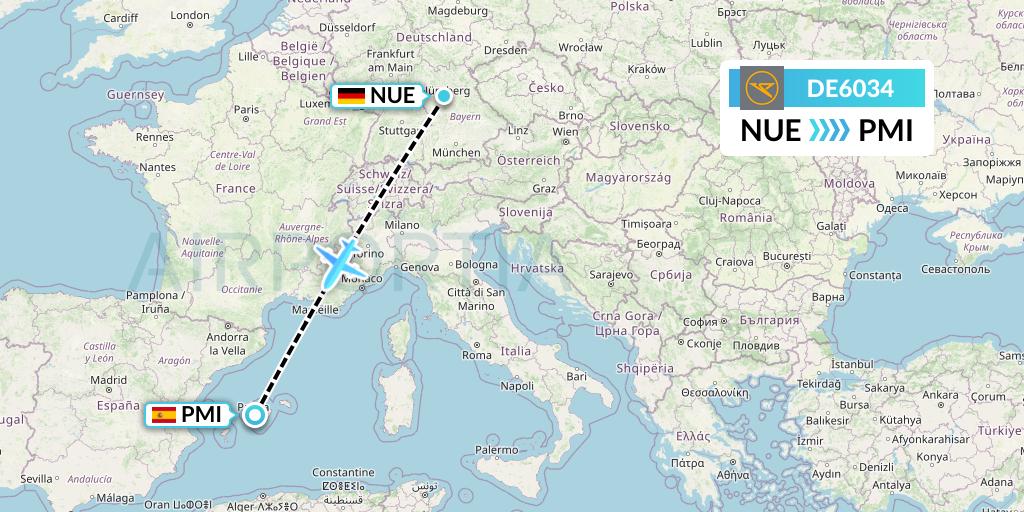 DE6034 Condor Flight Map: Nurnberg to Palma de Mallorca