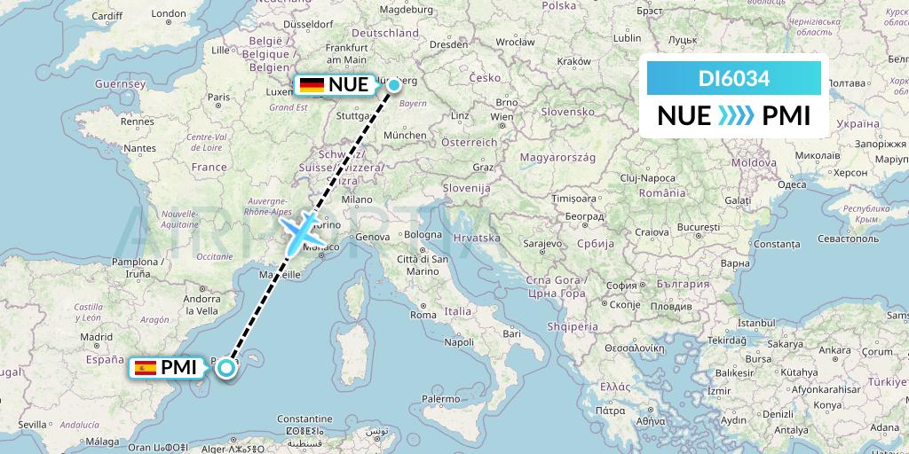DI6034 Marabu Airlines Flight Map: Nurnberg to Palma de Mallorca