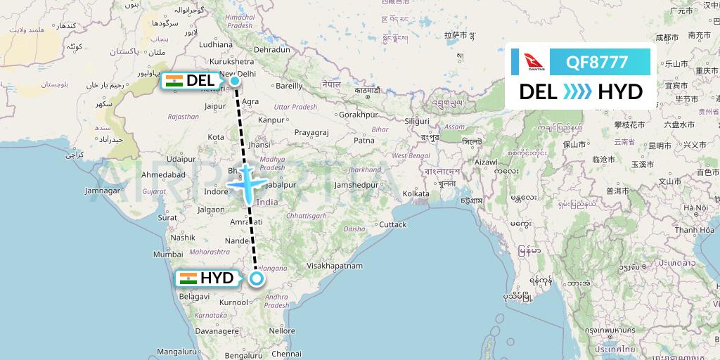 QF8777 Qantas Flight Map: Delhi to Hyderabad