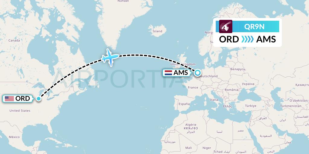QR9N Qatar Airways Flight Map: Chicago to Amsterdam