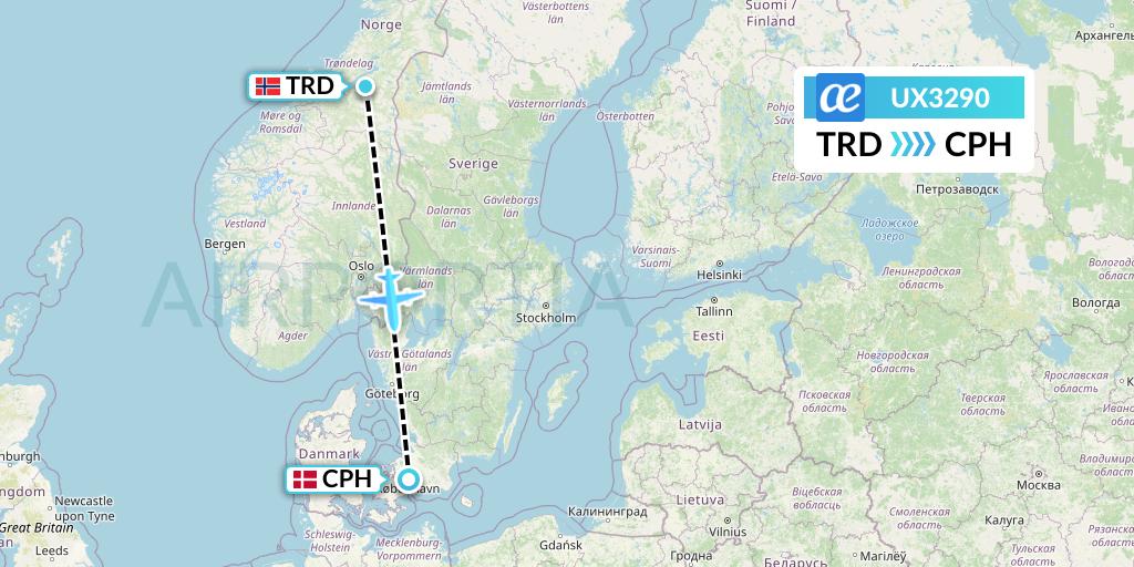 UX3290 Air Europa Flight Map: Trondheim to Copenhagen