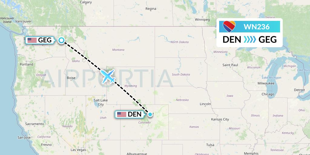 WN236 Southwest Airlines Flight Map: Denver to Spokane