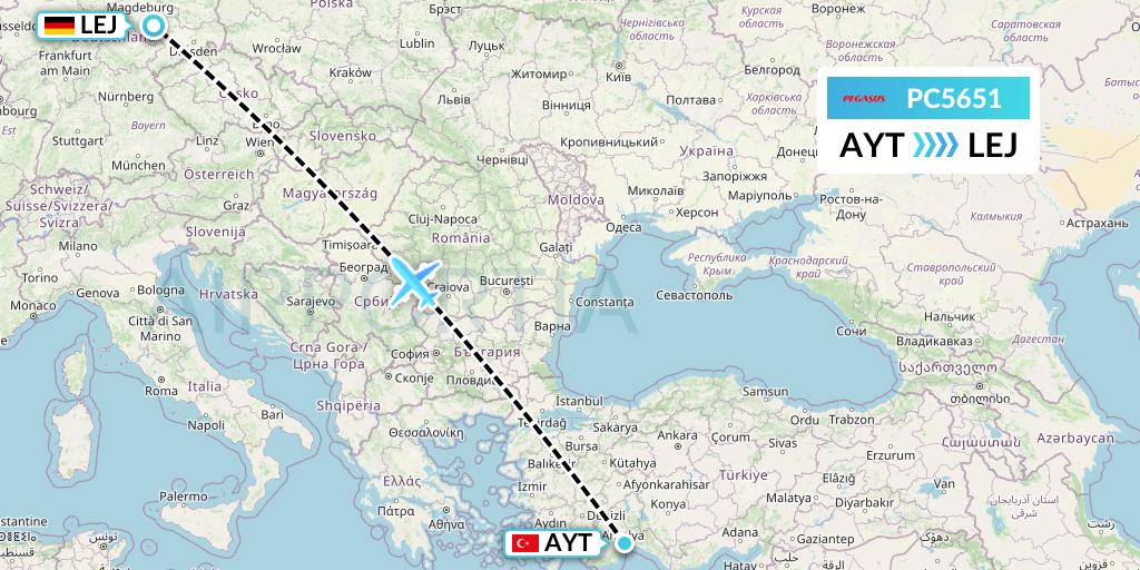 PC5651 Pegasus Airlines Flight Map: Antalya to Leipzig