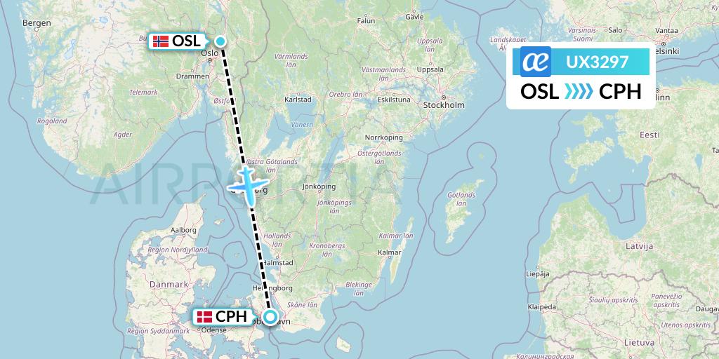 UX3297 Air Europa Flight Map: Oslo to Copenhagen