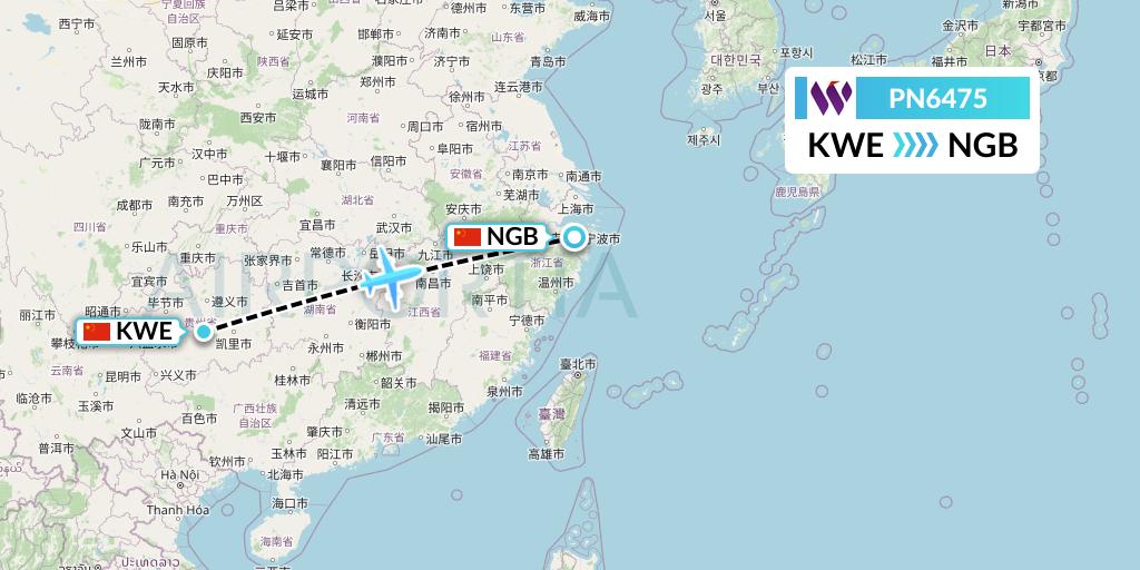 PN6475 China West Air Flight Map: Guiyang to Ningbo